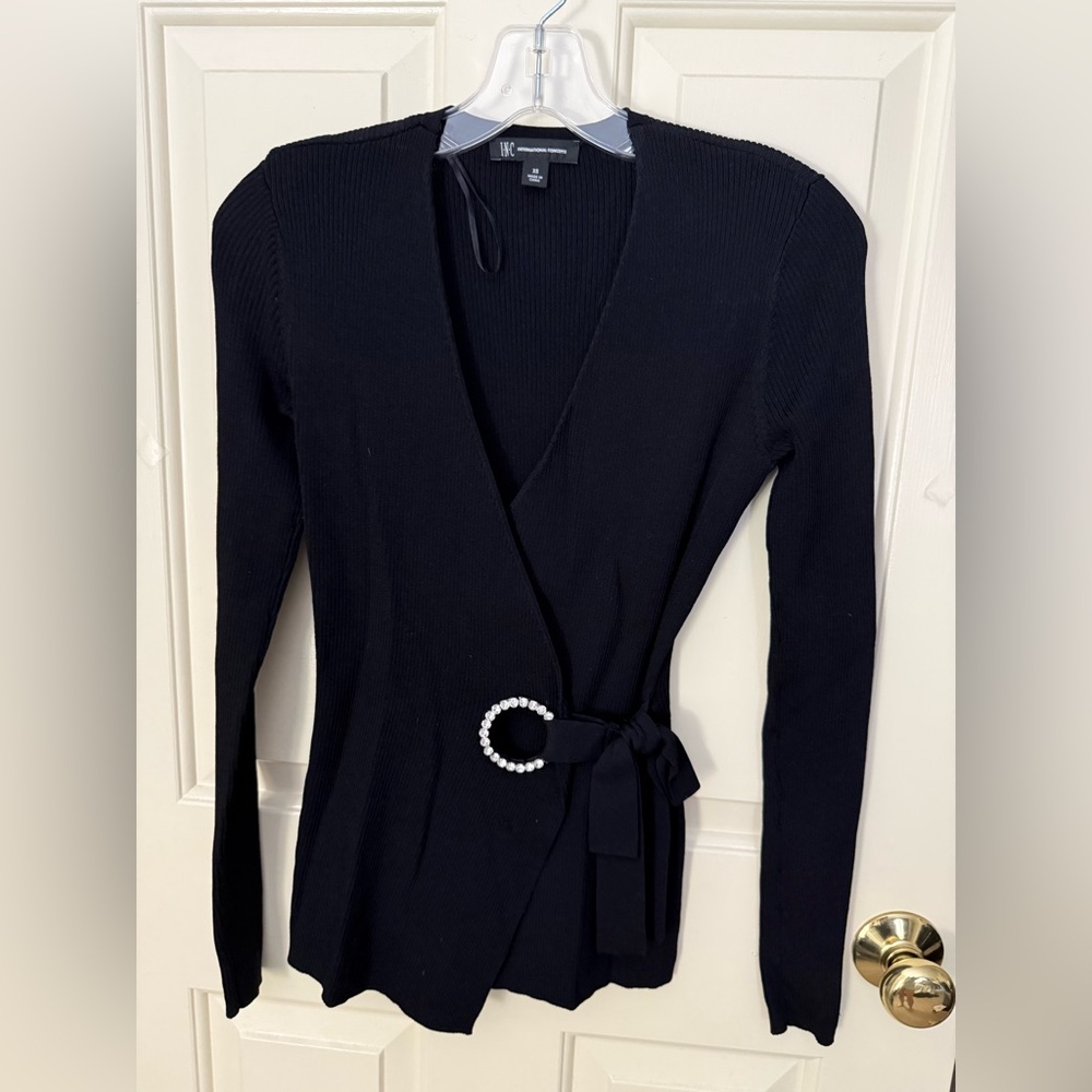 INC International Concepts Black V-Neck Wrap Sweater